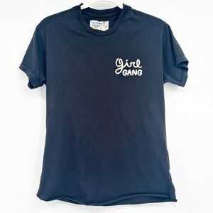 Sandrine Rose Womens Girl Gang Embroidered Raw Hem Black Graphic T-Shirt Size S